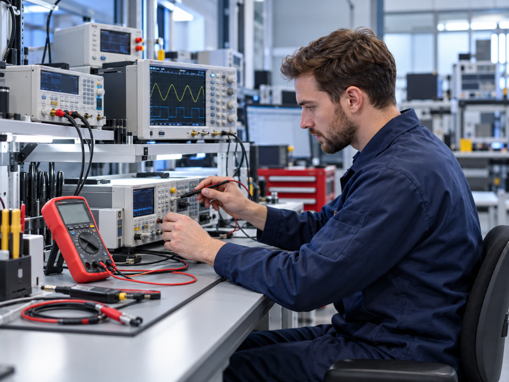 Calibration technician testing electronic equipment in a professional laboratory.